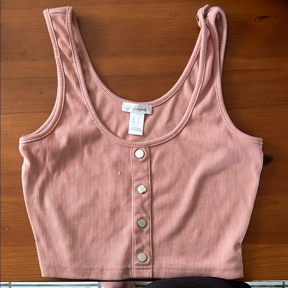 Pink Ribbed Button-Down Crop Top